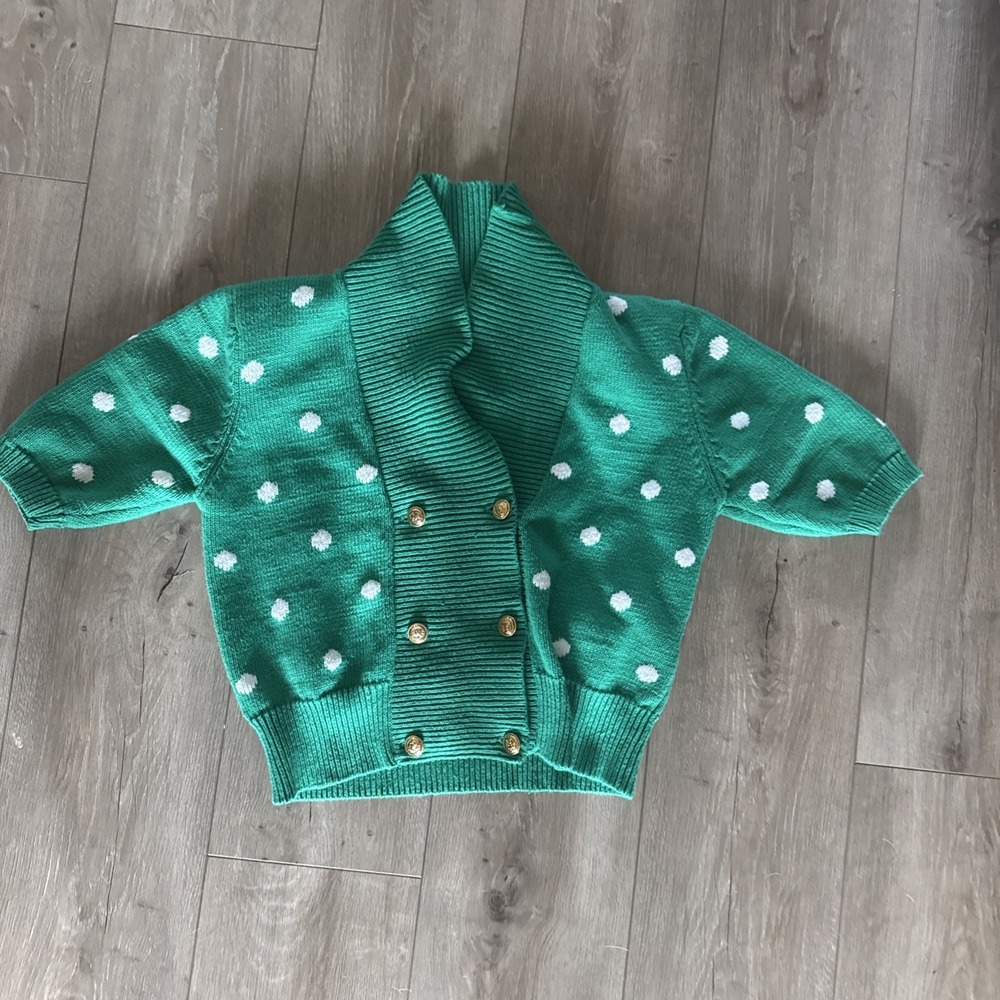 Susan Bristol 1992 Vintage Green & White Polka Dot Cardigan Sweater Size Small